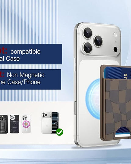 Stronger Magnetic Card Slot Wallet for iPhone 17/16/15/14/13/12 Series (Not for 13/12 Mini), Checkered Pattern Hard Card Holder Fit 3 Cards Compatible with Magsafe Accessories, Brown