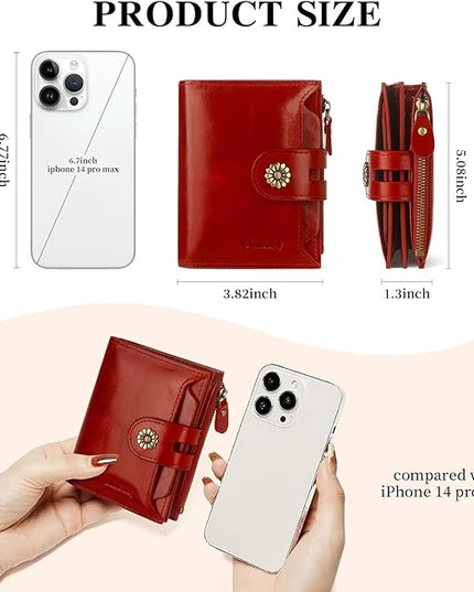 Blucoay Leather Wallet Women,RFID Blocking Womens Wallet Bifold Compact Card Holder Small Wallet for Women with Removable ID Window Winered