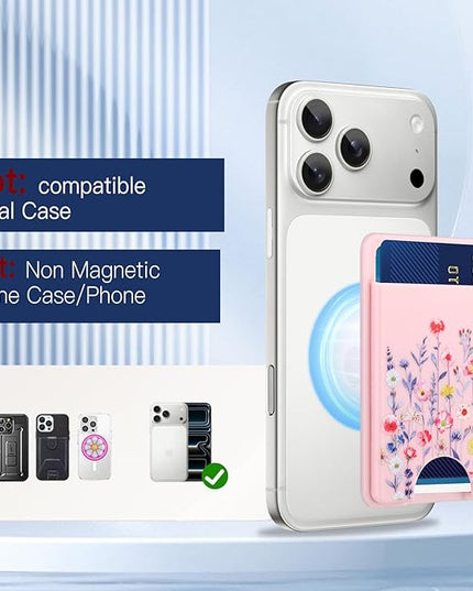 Stronger Magnetic Card Slot Wallet for iPhone 17/16/15/14/13/12 Series (Not for 13/12 Mini), Flower Pattern Hard Card Holder Fit 3 Cards Compatible with Magsafe Accessories, Pink