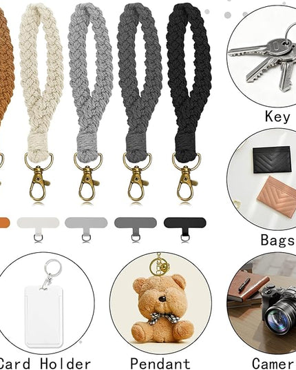 5PCS Phone Wrist Strap with 5PCS Tether Tab Keychain Wristlet Lanyard Cell Phone Wristlet Keychain for Women Boho Macrame Handmade Phones Lanyard Wrist with Tether Tab for Keys, ID