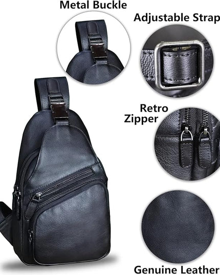 Genuine Leather Sling Bag Crossbody Purse Handmade Hiking Daypack Motorcycle Bag Retro Shoulder Backpack Vintage Chest Bag (Darkgrey)