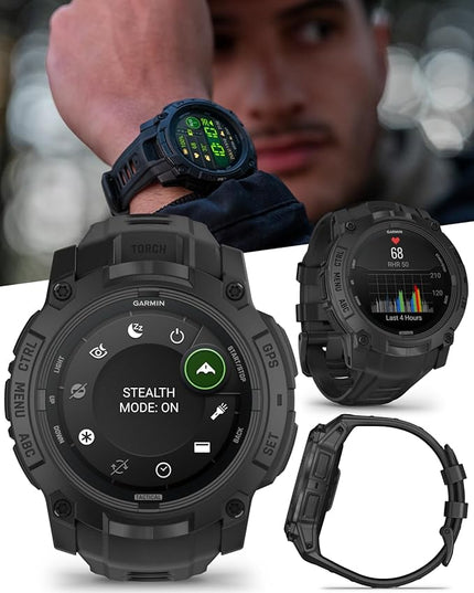 Wearable4U Garmin Instinct 3 Tactical Edition, AMOLED Display, 50mm, Rugged Outdoor GPS Smartwatch, Applied Ballistics Support, LED Flashlight, Multi-Band GPS, 10 ATM White Earbuds Bundle