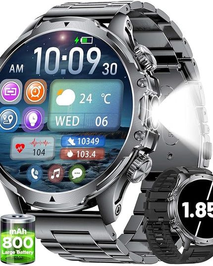 Militrary Smart Watch for Men,1.85" HD/800mAh Battery Smart watches for Android/iOS (Bluetooth Call Answer/Calls)Fitness Tracker,100+ Sports/LED Flashlight/IP68 Waterproof/Sleep Tracker Smartwatch