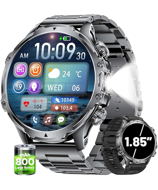 Militrary Smart Watch for Men,1.85" HD/800mAh Battery Smart watches for Android/iOS (Bluetooth Call Answer/Calls)Fitness Tracker,100+ Sports/LED Flashlight/IP68 Waterproof/Sleep Tracker Smartwatch