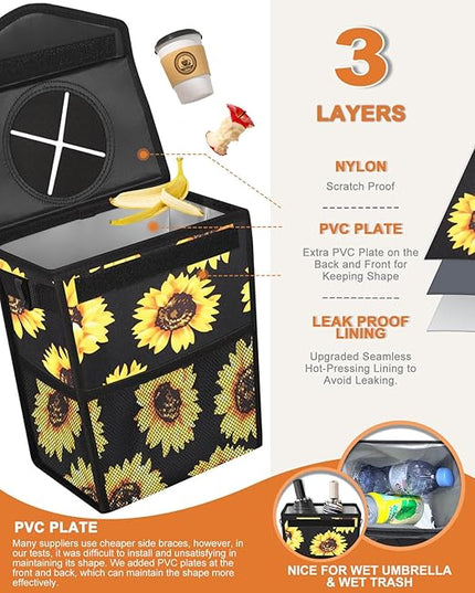 Car Trash Can with Lid, Cute Leakproof Car Trash Garbage Bag Hanging Vehicle Trash Bin Small Portable Automotive Garbage Cans Organizer for Back/Front Seat(Trapezoid,Black Sunflower