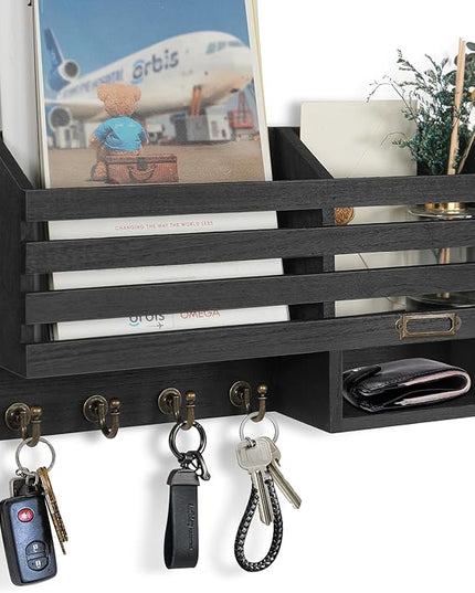 FifthQuarter Key Holder for Wall: Easy Mounted Key Rack and Mail Organizer with Store Shelf and Four Sturdy Keys Hooks Decor in Kitchen|Farmhouse|Entryway|Mudroom (Black)