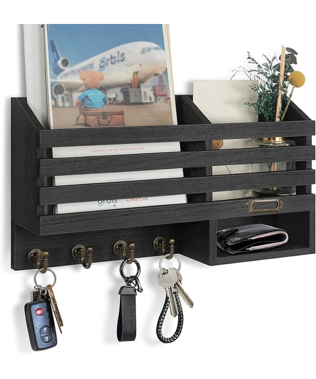 FifthQuarter Key Holder for Wall: Easy Mounted Key Rack and Mail Organizer with Store Shelf and Four Sturdy Keys Hooks Decor in Kitchen|Farmhouse|Entryway|Mudroom (Black)