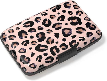 Atufsuat Credit Card Holder, Mini Aluminum Card Wallet RFID Blocking Slim Metal Hard Card Case for Women Men, Pink Leopard