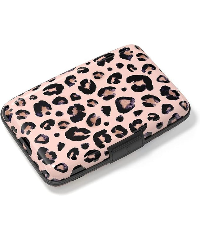 Atufsuat Credit Card Holder, Mini Aluminum Card Wallet RFID Blocking Slim Metal Hard Card Case for Women Men, Pink Leopard