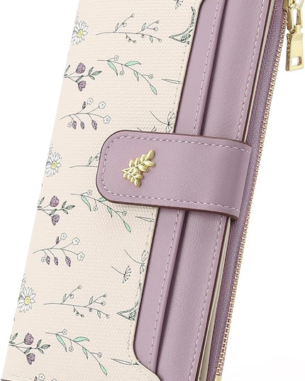 GAEKEAO Womens Wallet Slim Thin RFID Blocking Floral Vegan Leather Card Holder Bifold Long Ladies Wallet with Zipper Pocket