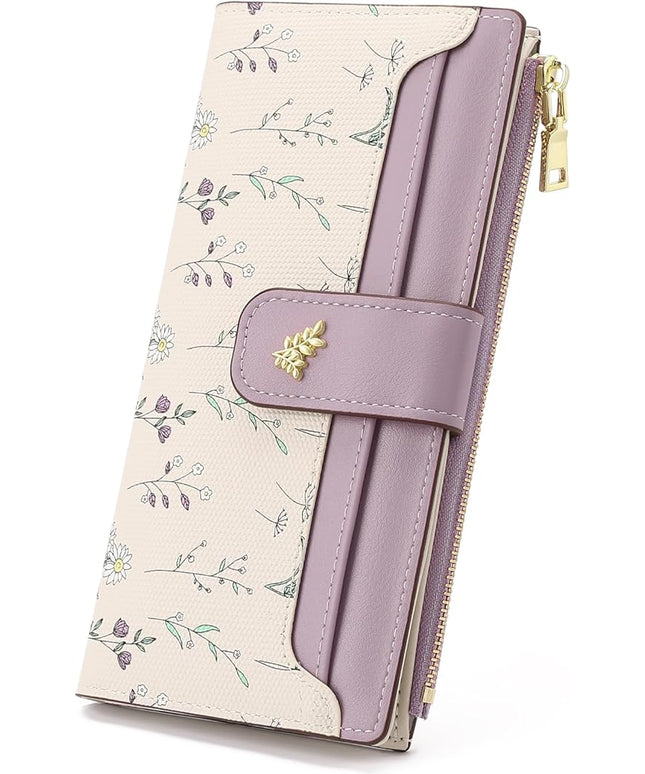 GAEKEAO Womens Wallet Slim Thin RFID Blocking Floral Vegan Leather Card Holder Bifold Long Ladies Wallet with Zipper Pocket