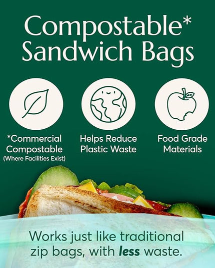 Cleanomic Compostable* Sandwich Size Food Storage Bags (25 Eco Zip) Freezer and Leak Proof, Also Available Gallon, Quart and Snack Size Bags