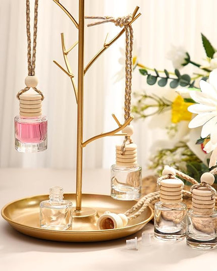 BBTO 200 Pcs Hanging Car Diffuser Bottles Bulk, Empty Clear Glass Air Freshener Bottles with Wooden Cap for Perfume Essential Oils Fragrance Aromatherapy Ornament(Cylinder)
