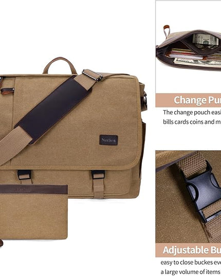 Nerlion Messenger Bag for Men 17-17.3 Inch Laptop Bag Canvas Water-resistant Computer Bag Shoulder Bag Work Briefcase Bookbag for College (Brown)