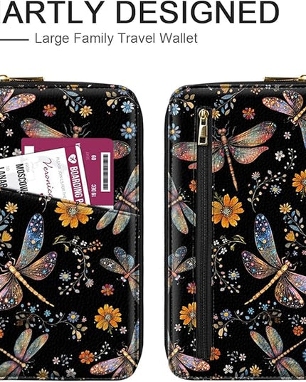 Family Passport Holder Wallet RFID Blocking Document Organizer PU Leather Mulit-purpose Travel Wallet Credit Cards Case for Women Men, Dragonfly