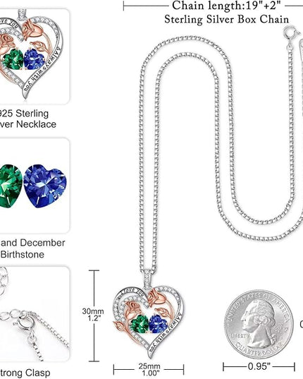 Iefil Christmas Gifts for Women Wife - 925 Sterling Silver Rose Heart Birthstone Necklace Birthday Anniversary Jewelry Gifts for Her Wife Mom Daughter