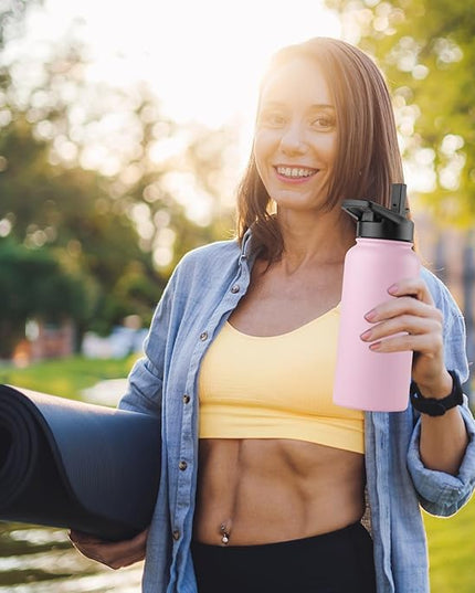 DOMICARE 32 oz Insulated Water Bottle, Vacuum Insulated Stainless Steel Sports Water Bottle with Straw Lid & Spout Lid, Leakproof, Reusable - Travel, Camping, Bike, Pink