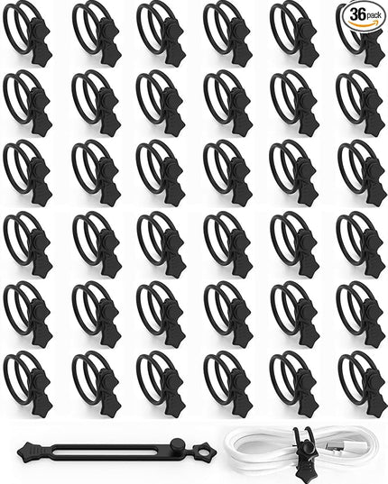 36-Pack Silicone Cable Ties, Reusable Cord Organizer Straps With 2 Binding Methos, Durable & Stretchable Wire Management for Home, Office, Travel (Black)
