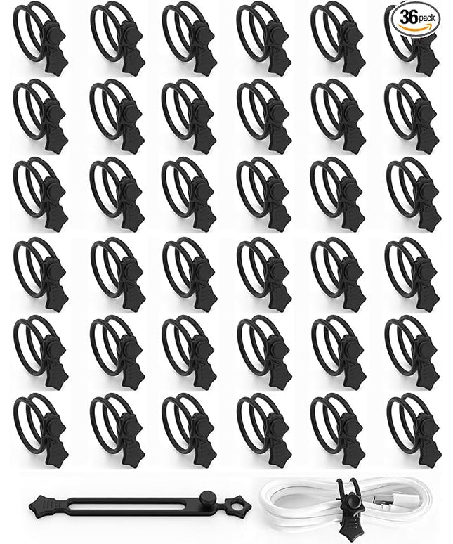 36-Pack Silicone Cable Ties, Reusable Cord Organizer Straps With 2 Binding Methos, Durable & Stretchable Wire Management for Home, Office, Travel (Black)