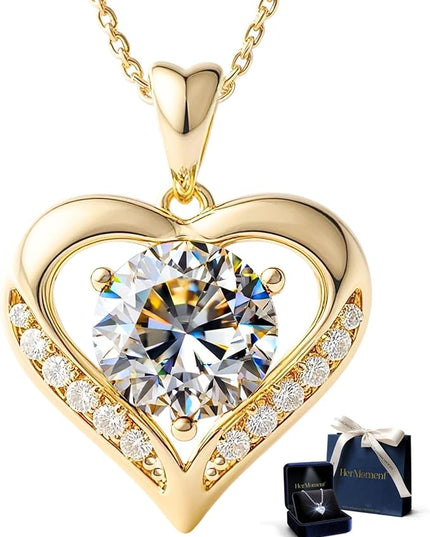Moissanite Necklace for Women - 14k Gold Heart Necklaces - Moissanite Pendant 2 - 3 Carat - Christmas Gifts for Women - Jewelry Gift for Anniversary, Girlfriend Birthday - Jewelry for Wife from Husband