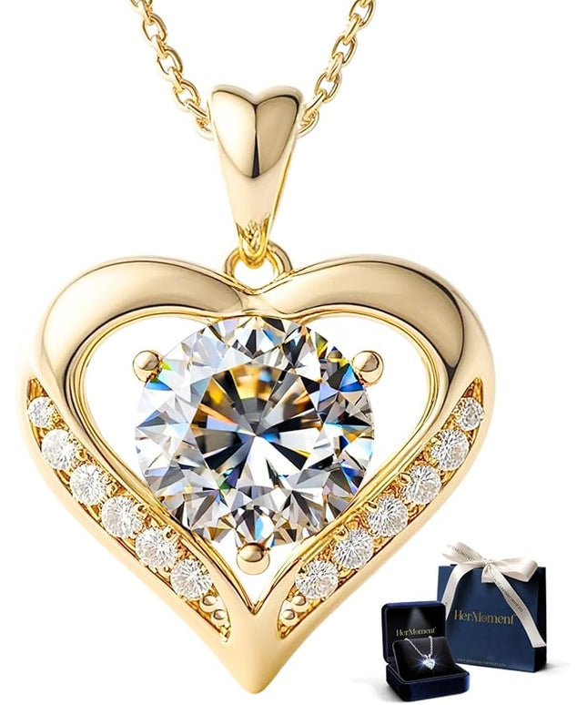 Moissanite Necklace for Women - 14k Gold Heart Necklaces - Moissanite Pendant 2 - 3 Carat - Christmas Gifts for Women - Jewelry Gift for Anniversary, Girlfriend Birthday - Jewelry for Wife from Husband