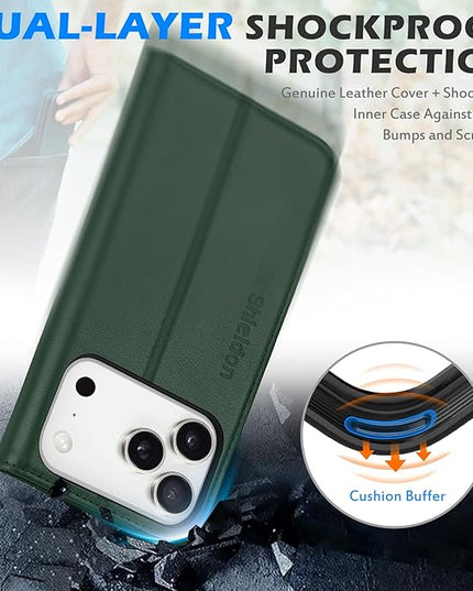 SHIELDON Genuine Leather Wallet Case for iPhone 17 Pro 6.3" 2025 | Flip | Kickstand | RFID Blocking Credit Card Holder | Magnetic | Shockproof TPU Inner Phone Shell | Evergreen