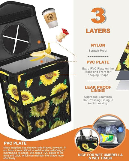 Car Trash Can with Lid, Cute Leakproof Car Trash Garbage Bag Hanging Vehicle Trash Bin Small Portable Automotive Garbage Cans Organizer for Back/Front Seat/Console(Trapezoid,Sunflower)