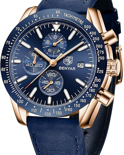 BY BENYAR Watch for Men Analog Quartz Chronograph Waterproof Luminous Designer Mens Wrist Watches Business Work Sport Casual Dress Watch with Silicone Strap Elegant Gifts for Men