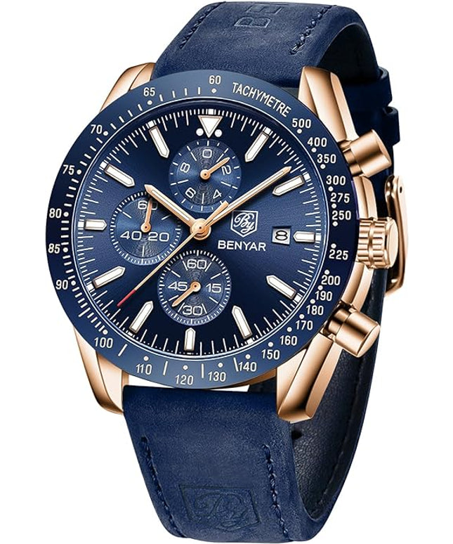 BY BENYAR Watch for Men Analog Quartz Chronograph Waterproof Luminous Designer Mens Wrist Watches Business Work Sport Casual Dress Watch with Silicone Strap Elegant Gifts for Men