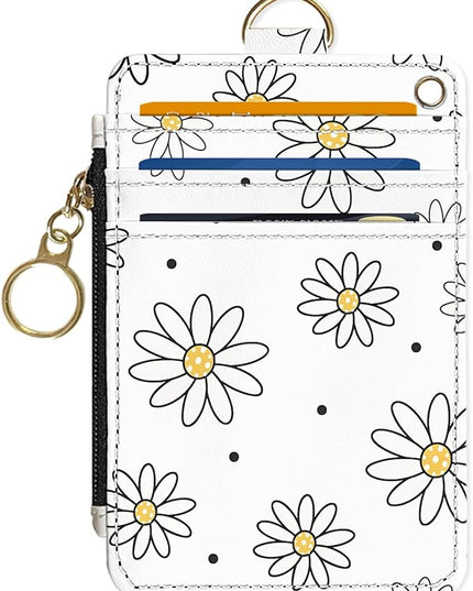 Slim Wallet Credit Card Holder, White daisy V, RFID Wallet Women Cute Small Front Pocket Wallet With Zipper, PU Leather Thin travel RFID Blocking Card Case ID Window,Ladies Gifts