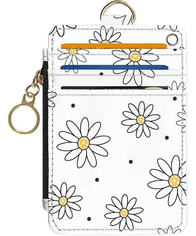 Slim Wallet Credit Card Holder, White daisy V, RFID Wallet Women Cute Small Front Pocket Wallet With Zipper, PU Leather Thin travel RFID Blocking Card Case ID Window,Ladies Gifts