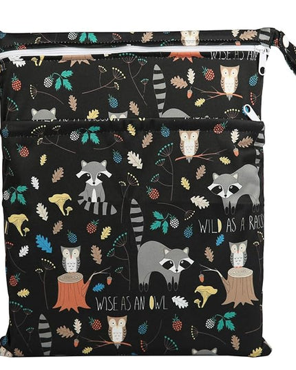 Wet Bag Baby Cloth Diaper Nappy Bag Reusable Washable With Two Zippered Pockets (Animal Racoon)