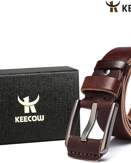 KEECOW Men's 100% Italian Cow Leather Belt Men With Anti-Scratch Buckle,Packed in a Box