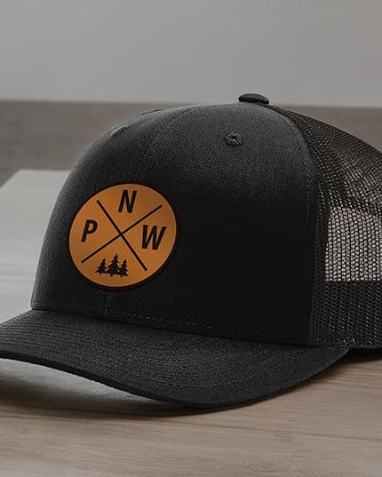 Pacific Northwest Baseball Snapback Trucker Hats with Leather Patch for Men and Women PNW Gifts Outdoor Camping Hiking Cap