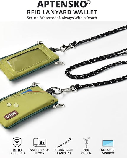 RFID Travel Wallet with Adjustable Lanyard-Zipper Small Wallet with ID Card Holder, Keychain for women&men-Minimalist Slim Waterproof Nylon case for ID, Cash, Key (Olive Green)