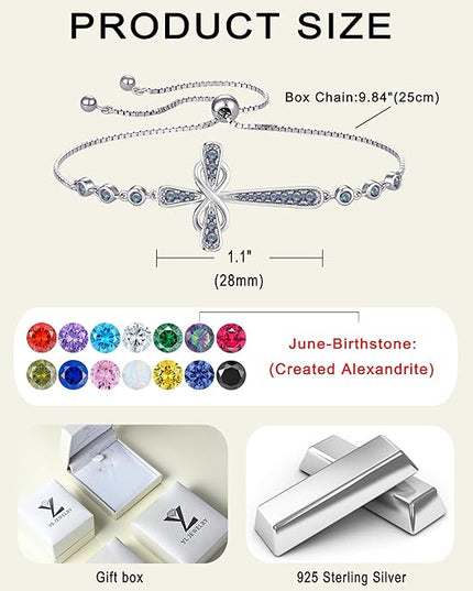 YL Cross Bracelet 925 Sterling Silver Infinity Sideways Link Bracelet Birthstone Jewelry for Women