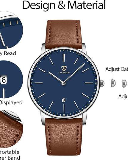 L LAVAREDO Watch for Men, Extremely Thin Mens Watches Minimalist Analog Men's Leather Wrist Watches with Time/Date, Birthday Gift for Men Boyfriend