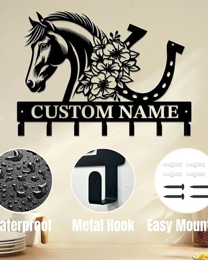Personalized Custom Name Farm Horse Wall Key Hooks,Metal Horse Art Clothes Hooks,Metal Horse Wall Home Storage Decorative,For Front Door, Hallway, Kitchen, Bedroom,Keys,Hats (Style H)