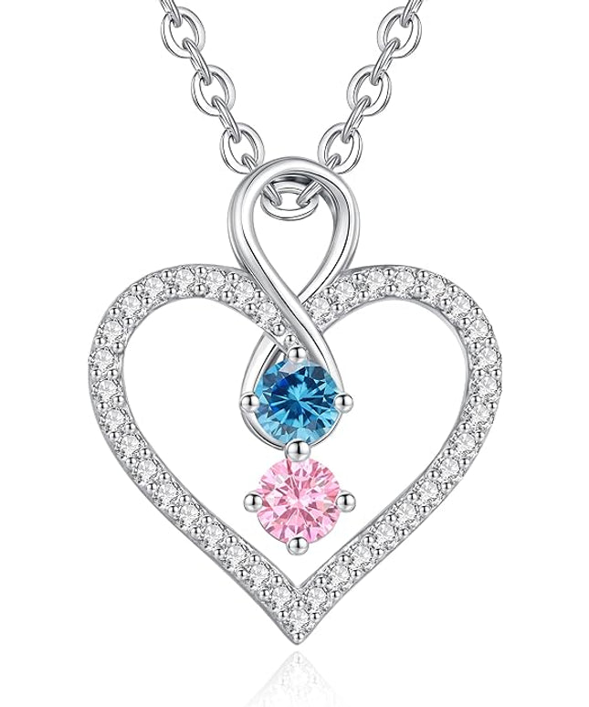 LOUISA SECRET Infinity Double Birthstone Necklace, 925 Sterling Silver Tiny Pendant Heart Necklace for Women Wife Her, Best Jewelry Gift Heart Jewelry Meaningful Gift for Valentine's Day, Christmas, Birthday Anniversary