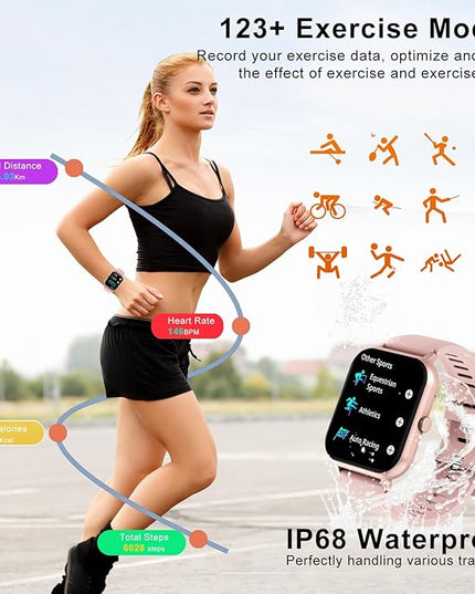 Smart Watch for Men Women Compatible with IOS Android Phone, 1.83" Full Touchscreen IP68 Waterproof Smart Watches,Fitness Tracker with Make/Recive Call 123+ Sport Modes Heart Rate/Sleep Monitor,Pink