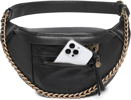 Anti Pickpocket Crossbody Bag – Large Vegan Black Leather Sling Bag with RFID & Glasses Pockets, Anti Theft Design, Multiple Compartments, Chain Detail Travel Crossbody Bag for Women