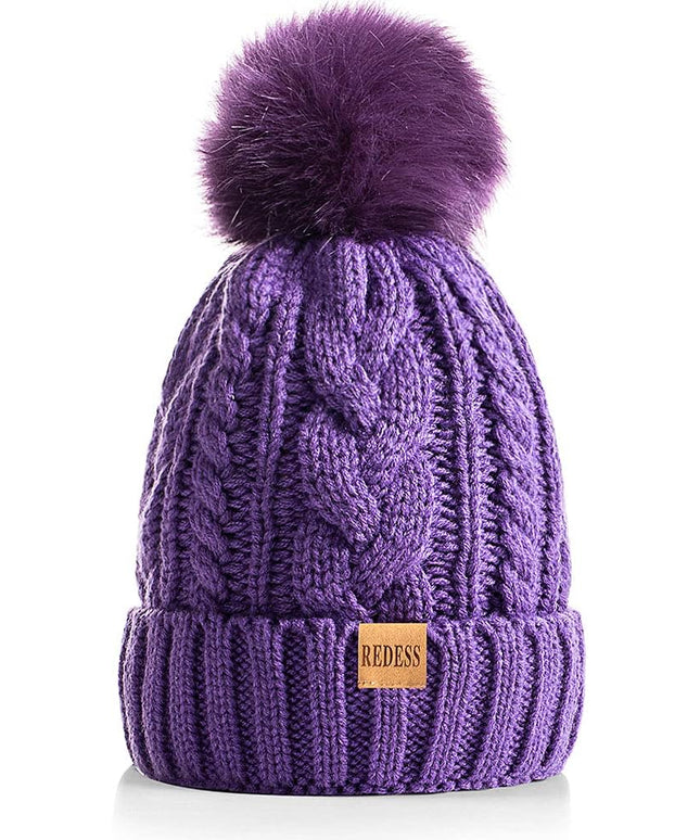 REDESS Women Winter Pompom Beanie Hat with Warm Fleece Lined, Thick Slouchy Snow Knit Skull Ski Cap