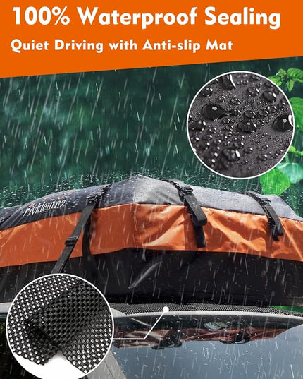 FIVKLEMNZ Car Rooftop Cargo Carrier Roof Bag Waterproof for All Top of Vehicle with/Without Rack Includes Topper Anti-Slip Mat + Reinforced Straps + 6 Door Hooks + Luggage Lock