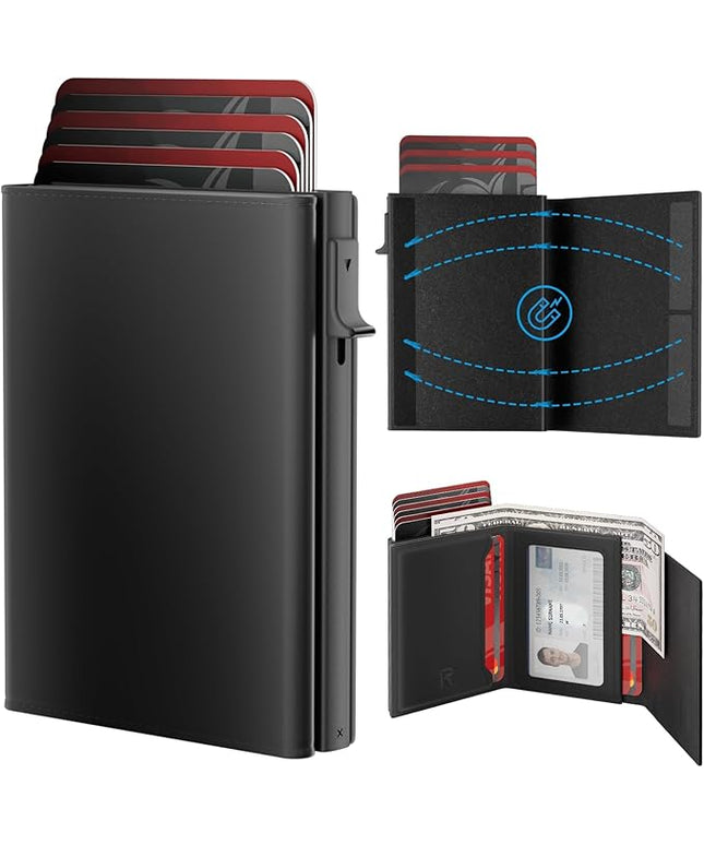 Mens Wallet Card Holder - Smart Wallet for Men, Pop Up Card Case, Top Grain Leather, RFID Blocking, Slim, Minimalist, Ultra Thin, Front Pocket, 9-14 Card Capacity | ID Window | Cash Slot (Black)
