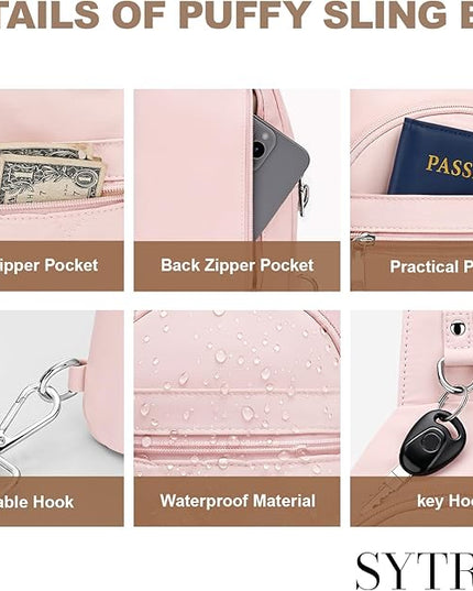 Sling Bag for Women, Anti-Theft RFID Crossbody Bag Nylon Sling Purse for Travel, Puffy Small backpack for Daily Hiking Sports Pink