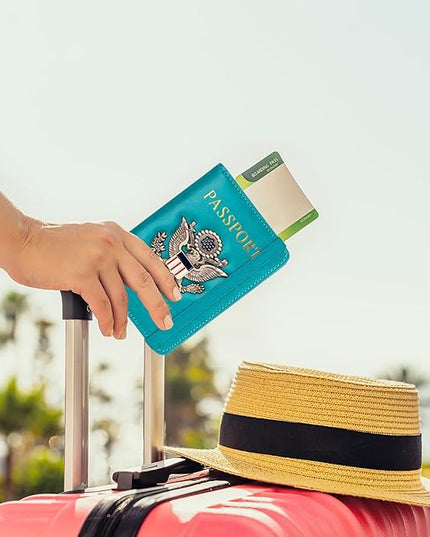 TOURSUIT RFID Blocking Passport Holder for Women Men, Leather Passport Travel Wallet with Metal 3D Metal Badge, Travel Document Holder Cover Accessories (Light Blue)