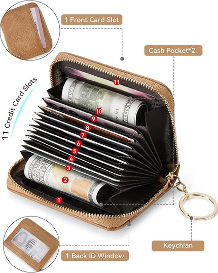 BOSTANTEN Credit Card Holder Wallet RFID Blocking Leather Small Wallet for Women Zipper Keychain Wallet with Wristlet Camel
