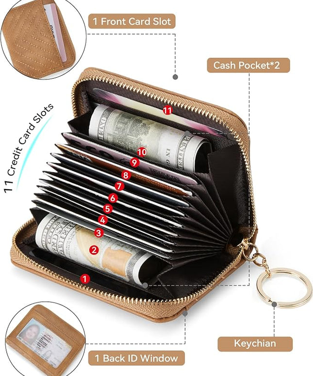BOSTANTEN Credit Card Holder Wallet RFID Blocking Leather Small Wallet for Women Zipper Keychain Wallet with Wristlet Camel