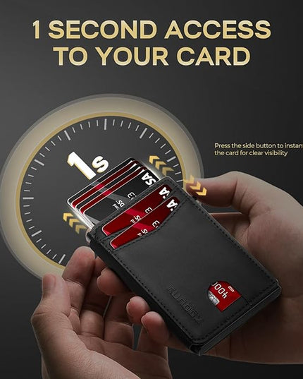 RUNBOX Slim Card Wallet for Men with ID Window – Minimalist RFID Wallet, Pop-Up Function, Ultra Thin Design, Metal Business Card Case Holds 8+ Cards, Gifts for Men, Men's Accessories