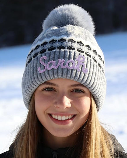 Personalized Beanie for Women Custom Knit with Name, Winter Hat with Pom Pom, Soft Lined Warm Hat, Birthday Gift